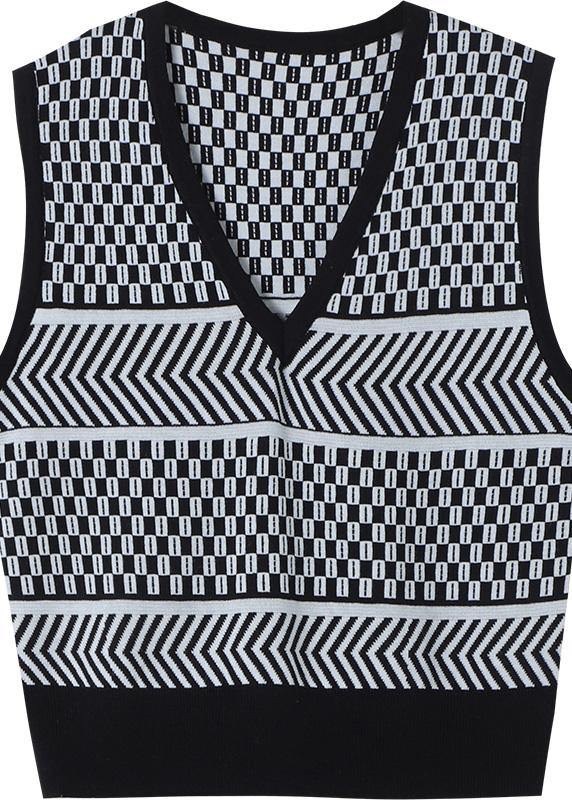 Pullover Black Striped Knitwear V Neck Sleeveless Knit Blouse - Omychic