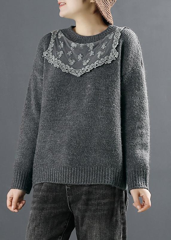 Pullover Dark Gray Sweater Tops O-Neck Knitted Blouse - Omychic