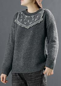Pullover Dark Gray Sweater Tops O-Neck Knitted Blouse - Omychic