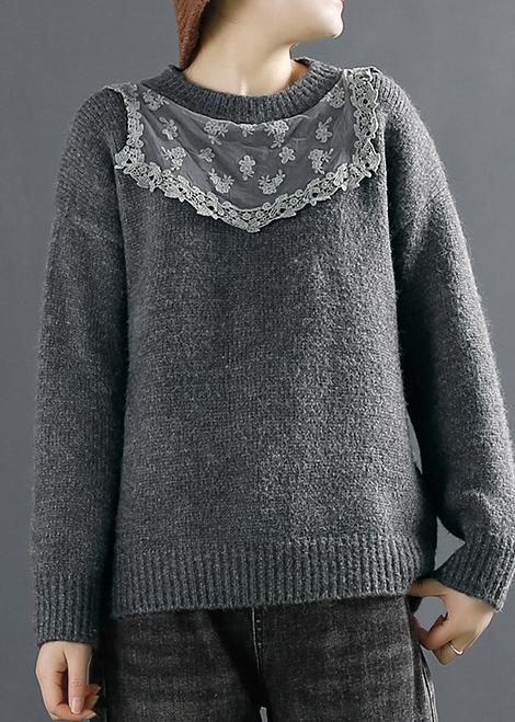 Pullover Dark Gray Sweater Tops O-Neck Knitted Blouse - Omychic