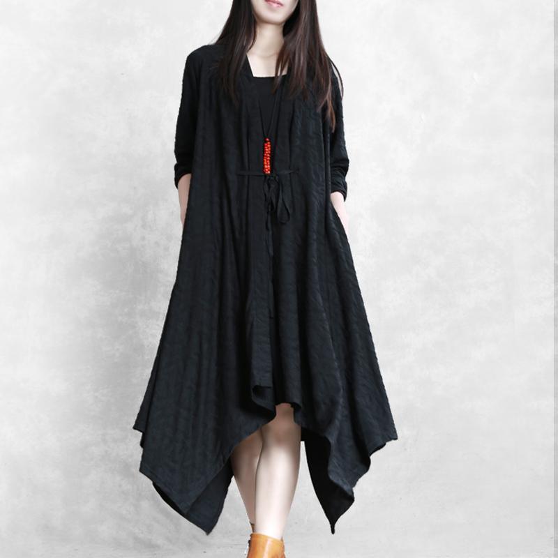 Pullover black Jacquard oversized fall coat tie waist asymmetric coat - Omychic