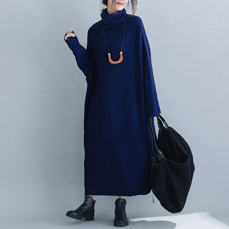 Pullover blue Sweater dress outfit Upcycle baggy spring high neck patchwork knit dress - Omychic
