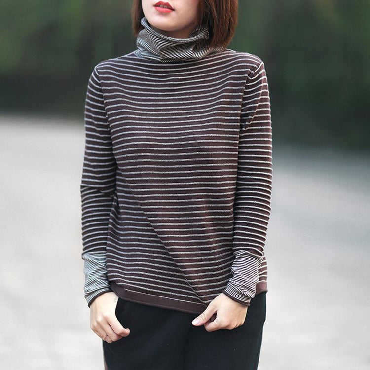 Pullover chocolate striped knitwear fall fashion high neck baggy knitted t shirt - Omychic