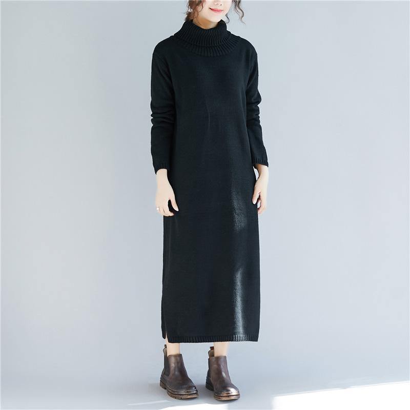 Pullover high neck Sweater dresses Vintage side open black daily knitted dress fall - Omychic