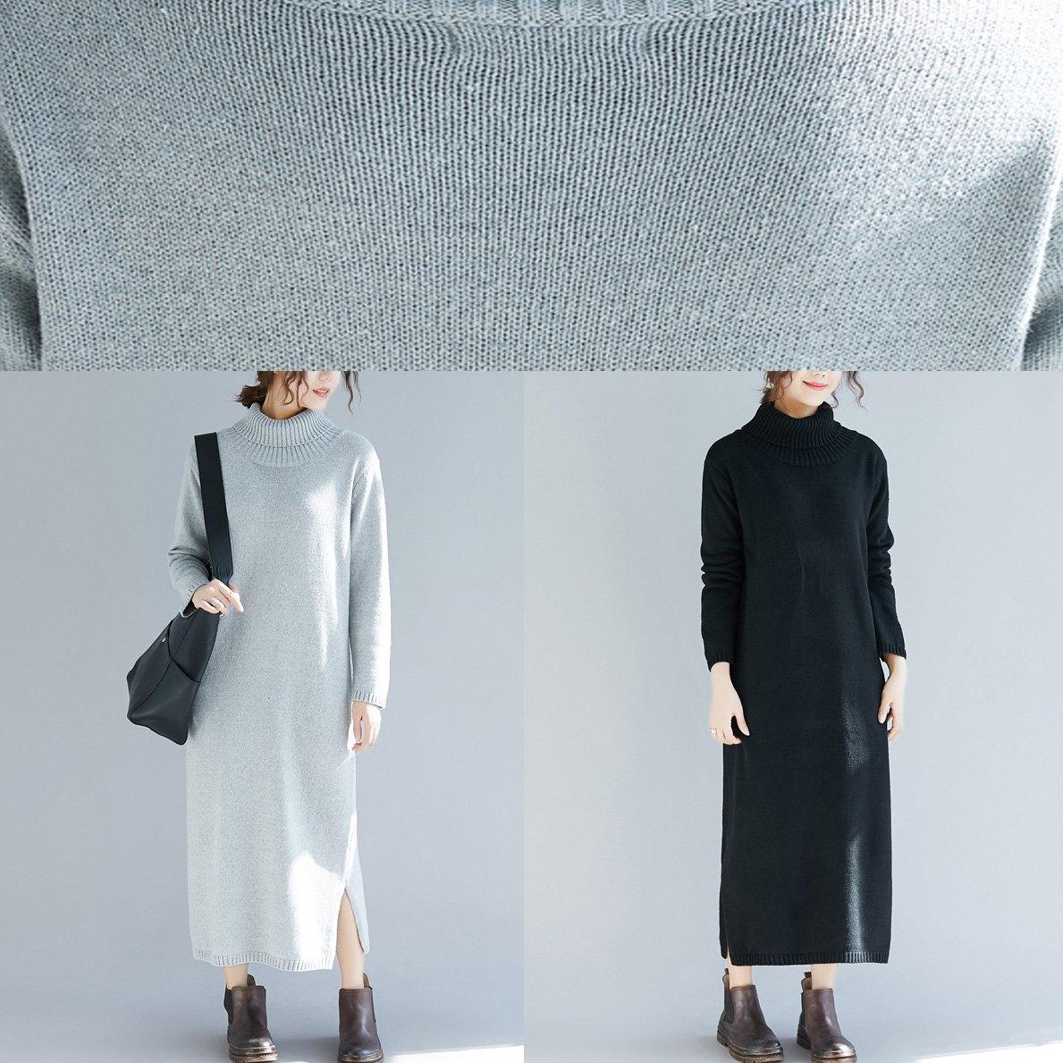 Pullover high neck Sweater dresses Vintage side open black daily knitted dress fall - Omychic