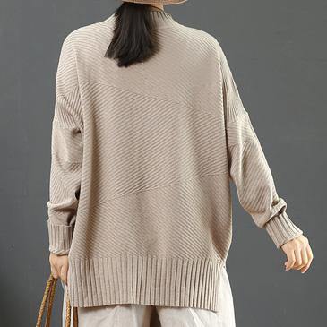 Pullover khaki Blouse side open casual half high neck knitted blouse - Omychic