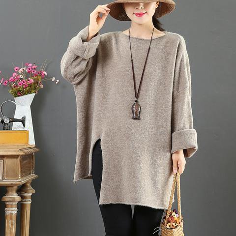 Pullover khaki knit blouse o neck plus size side open knitwear - Omychic