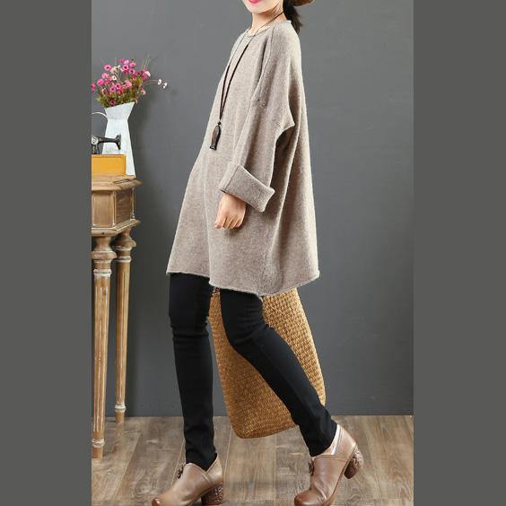 Pullover khaki knit blouse o neck plus size side open knitwear - Omychic