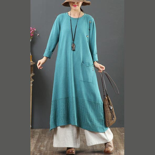 Pullover one pockets Sweater o neck dress outfit DIY blue baggy knit dress - Omychic