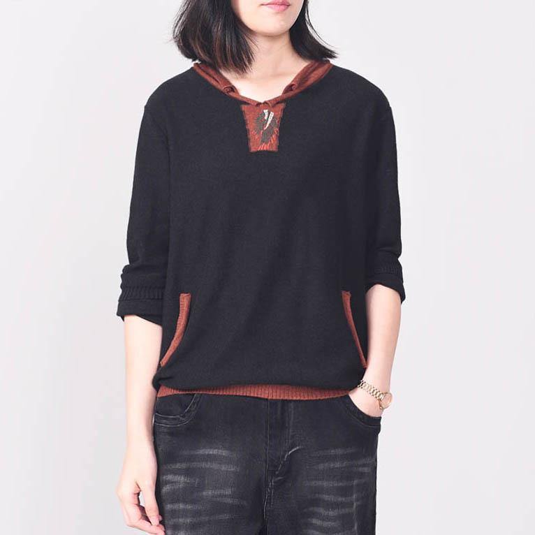 Pullover patchwork o neck sweater tops fall fashion black sweaters wild - Omychic
