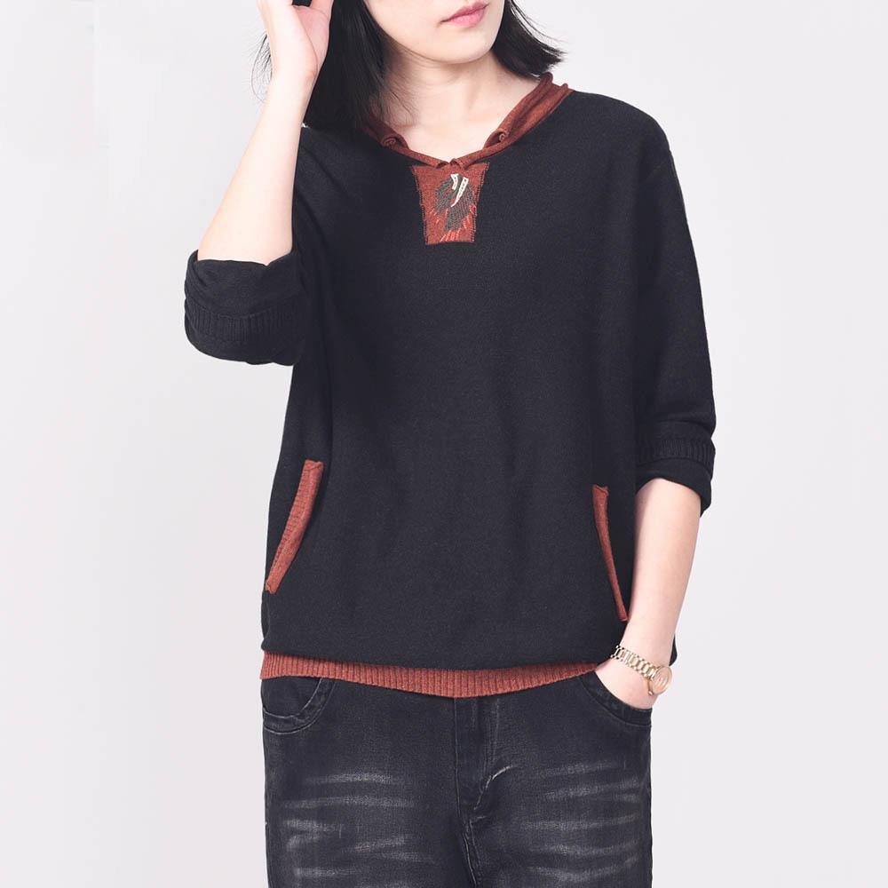 Pullover patchwork o neck sweater tops fall fashion black sweaters wild - Omychic