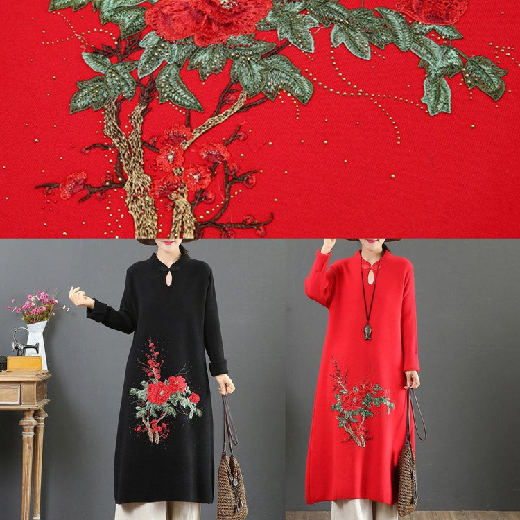 Pullover stand collar Sweater embroidery dresses Refashion red tunic knitwear - Omychic