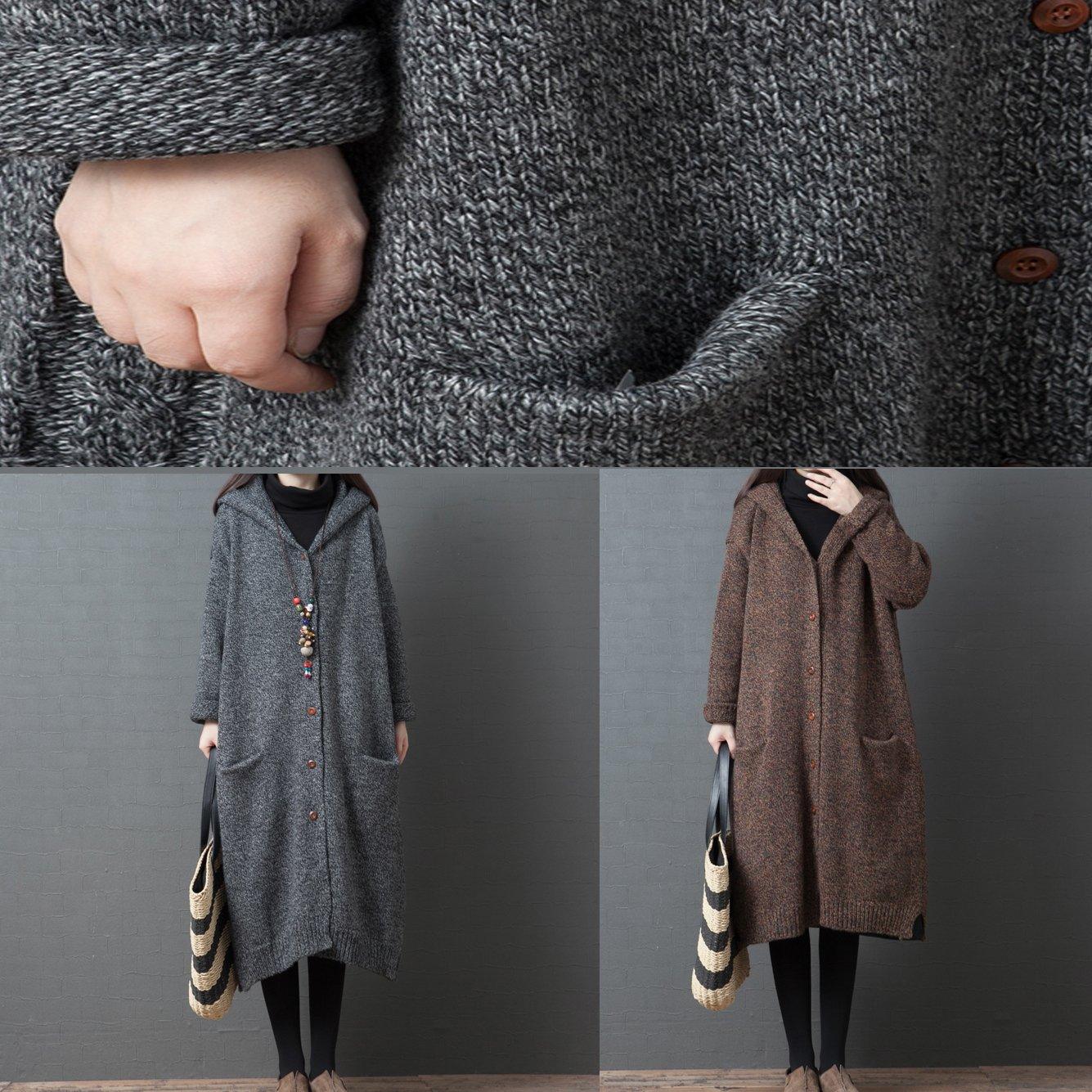 Pullover winter knit outwear Loose fitting gray hooded Button knit jacket - Omychic