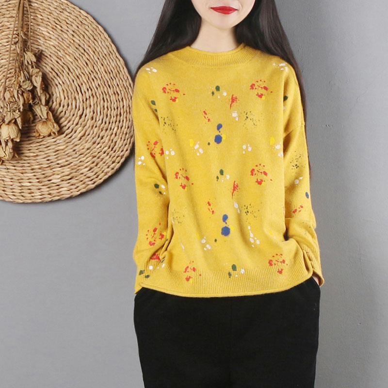 Pullover yellow print sweater tops fall fashion o neck knitwear long sleeve - Omychic