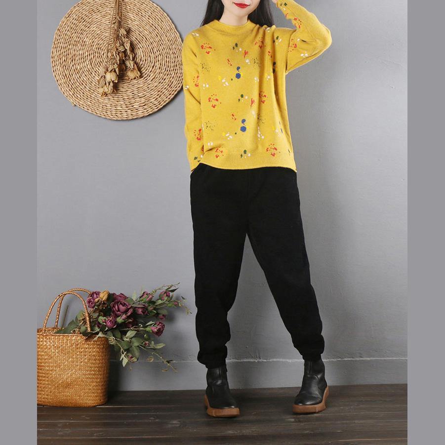 Pullover yellow print sweater tops fall fashion o neck knitwear long sleeve - Omychic
