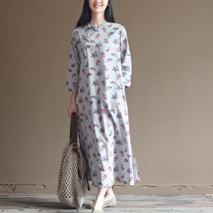 Pure cotton flower print elegant maxi dresses long sleeve sprint dress - Omychic
