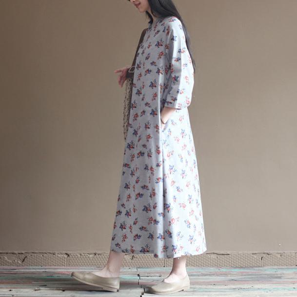 Pure cotton flower print elegant maxi dresses long sleeve sprint dress - Omychic