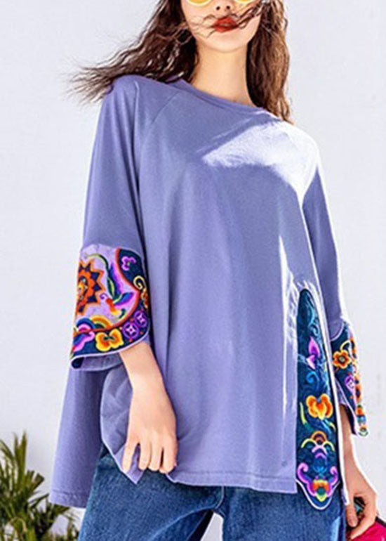 Purple Embroideried Patchwork Tops Three Quarter sleeve