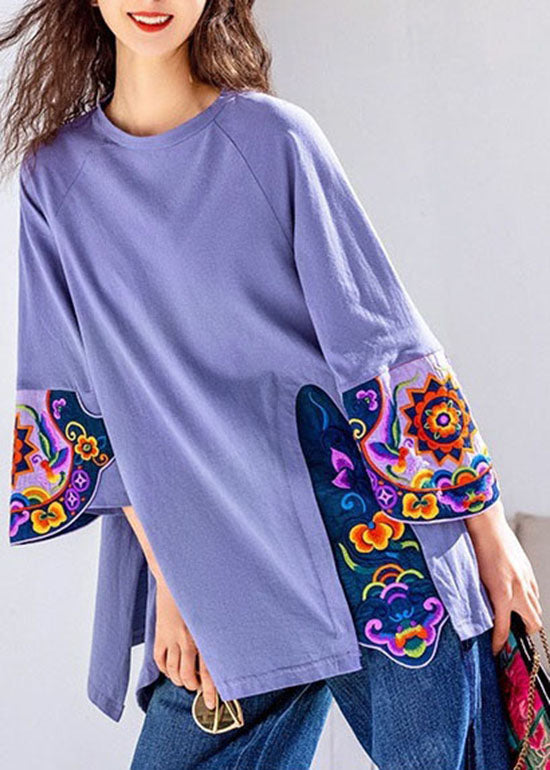 Purple Embroideried Patchwork Tops Three Quarter sleeve