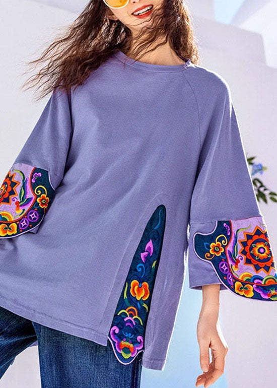 Purple Embroideried Patchwork Tops Three Quarter sleeve
