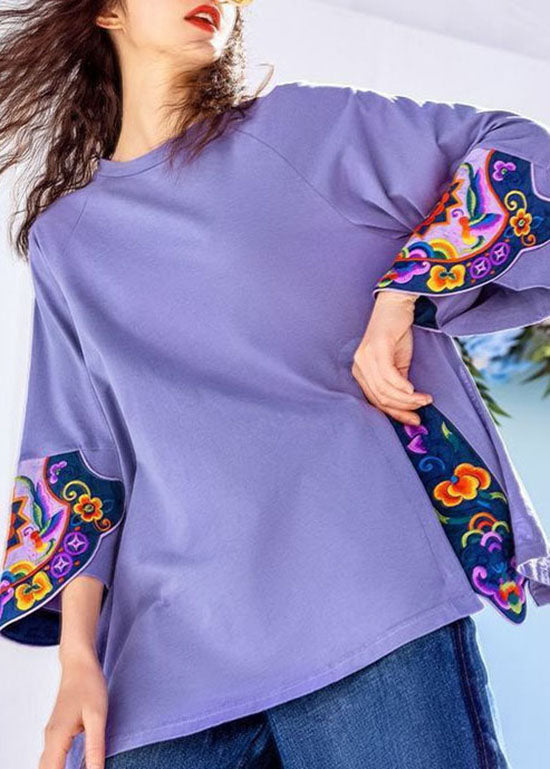 Purple Embroideried Patchwork Tops Three Quarter sleeve