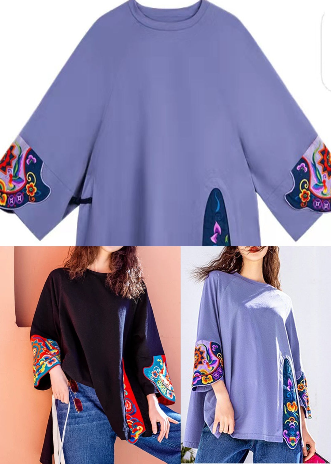 Purple Embroideried Patchwork Tops Three Quarter sleeve