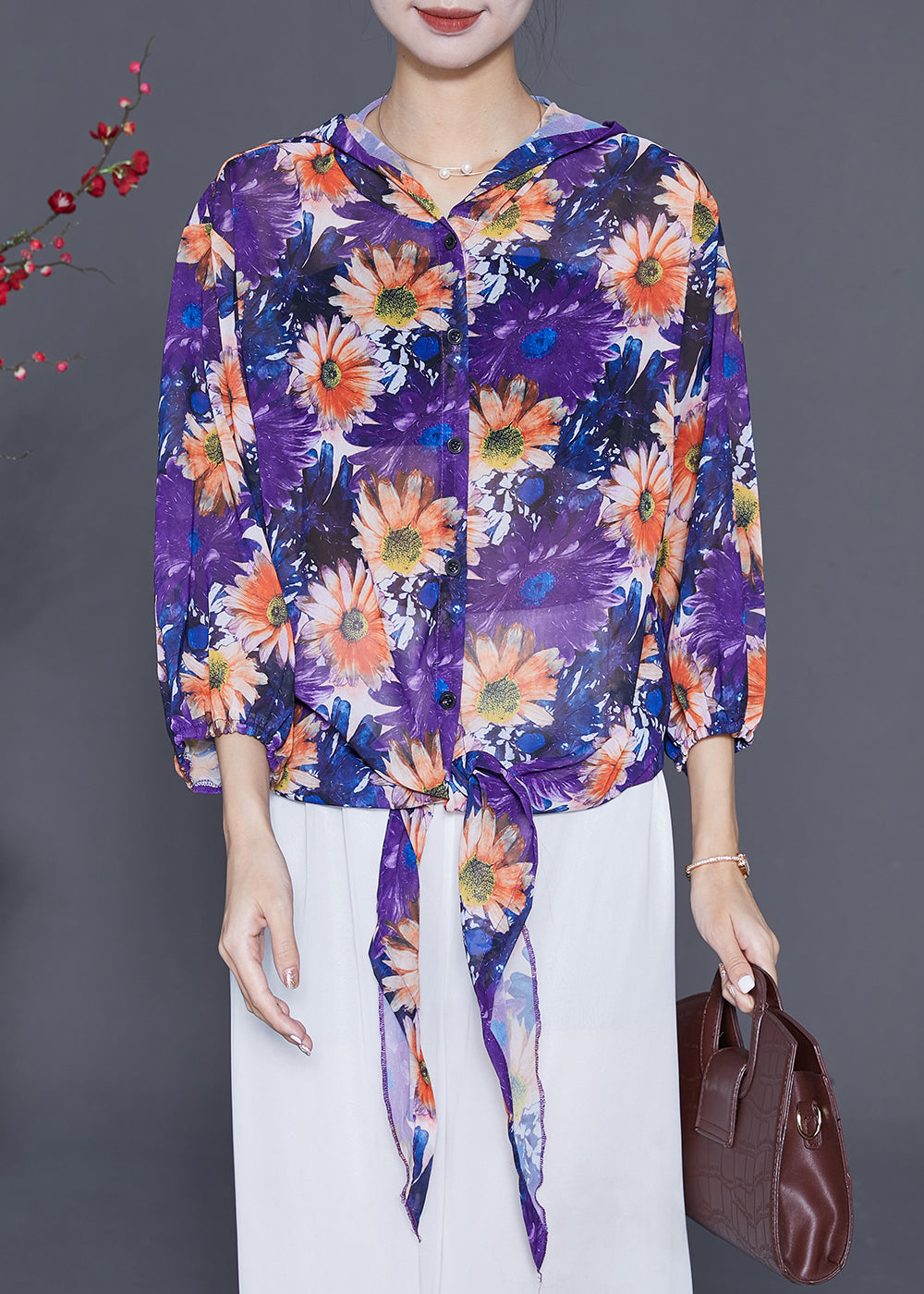 Purple Floral Chiffon UPF 50+ Shirt Top Hooded Summer