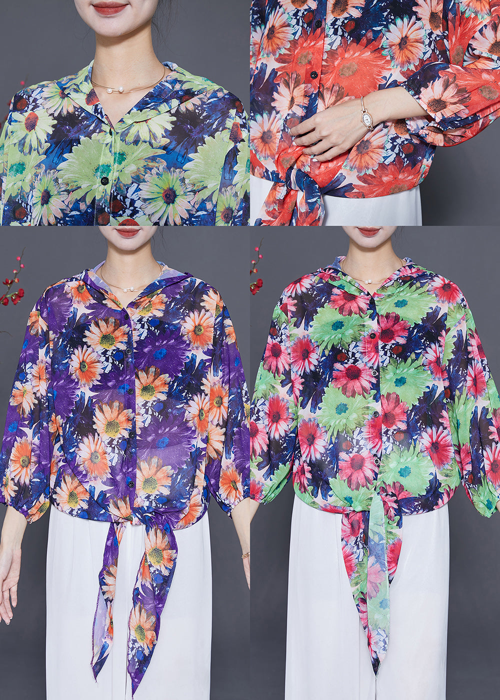 Purple Floral Chiffon UPF 50+ Shirt Top Hooded Summer