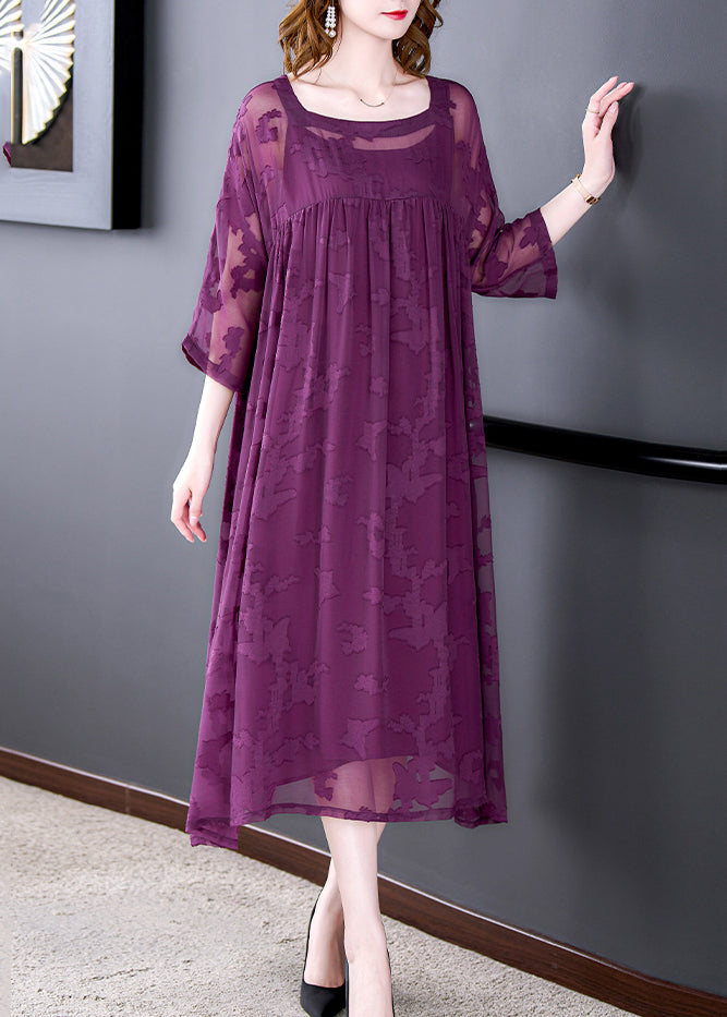 Purple Hollow Out Chiffon Dress Two Piece Set Women Clothing Wrinkled Summer