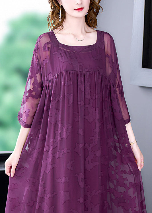 Purple Hollow Out Chiffon Dress Two Piece Set Women Clothing Wrinkled Summer