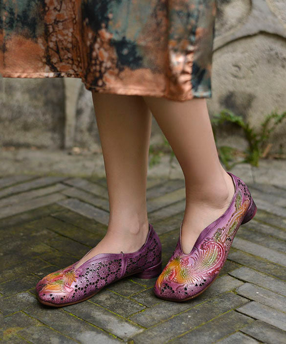 Purple Hollow Out Embossed Splicing Cowhide Leather Flat Shoes For Women