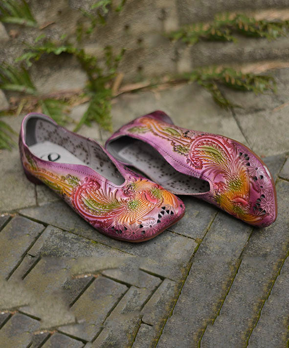 Purple Hollow Out Embossed Splicing Cowhide Leather Flat Shoes For Women