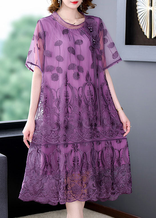Purple Hollow Out Tulle Holiday Dress Embroideried Nail Bead Summer