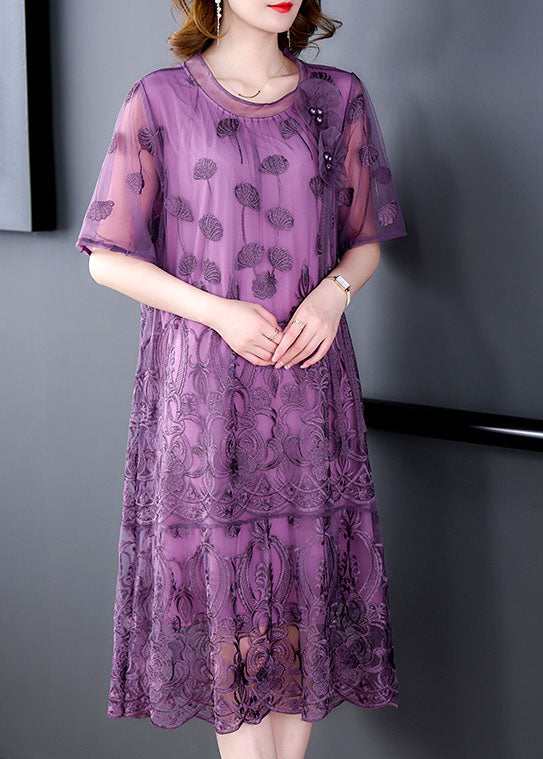 Purple Hollow Out Tulle Holiday Dress Embroideried Nail Bead Summer