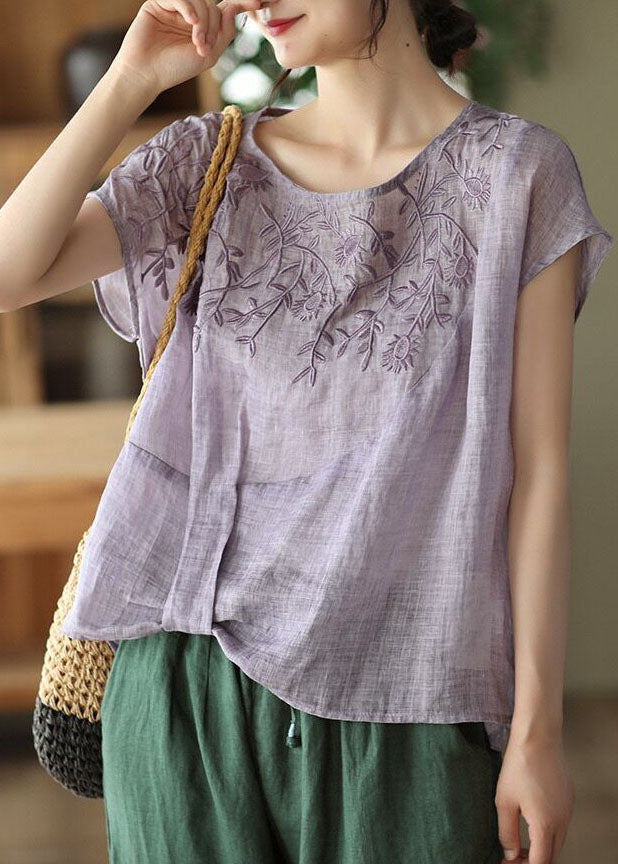 Purple Linen Tanks Embroideried Oversized Short Sleeve