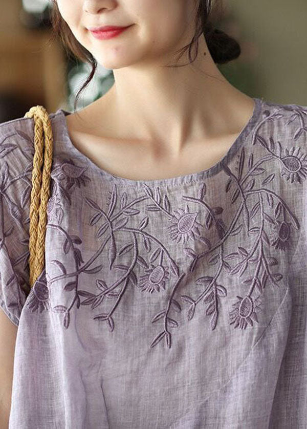 Purple Linen Tanks Embroideried Oversized Short Sleeve