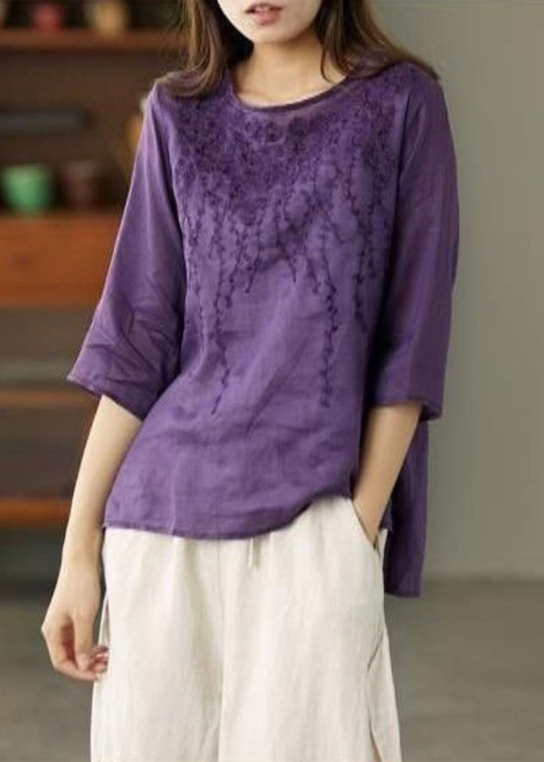 Purple Low High Design Patchwork Linen Tops Embroideried Half Sleeve