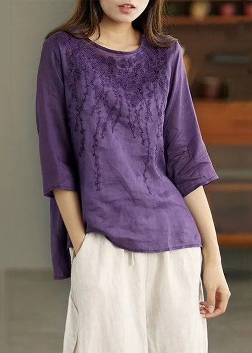 Purple Low High Design Patchwork Linen Tops Embroideried Half Sleeve