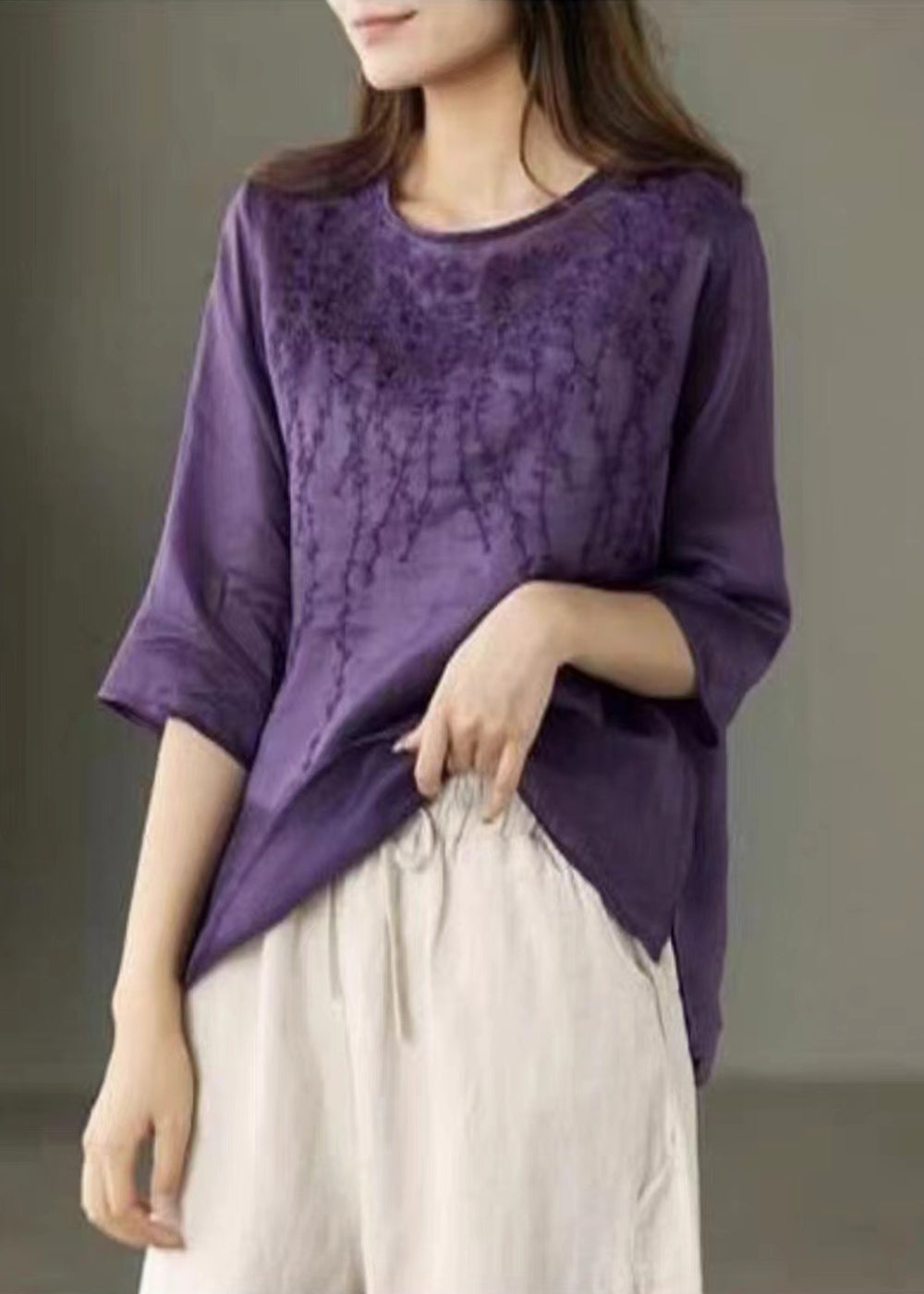 Purple Low High Design Patchwork Linen Tops Embroideried Half Sleeve