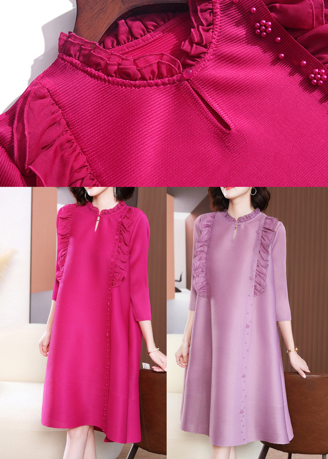 Purple Nail Bead Vacation Long Dresses Long Sleeve