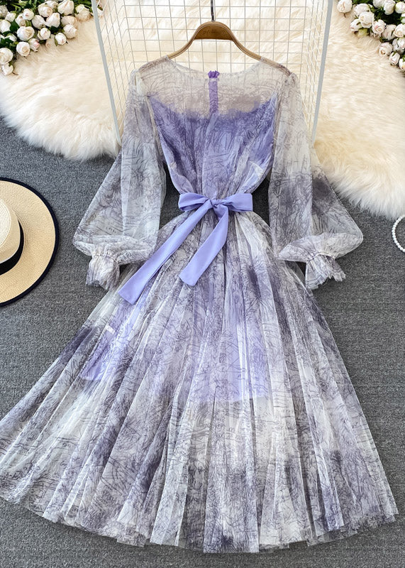 Purple O-Neck Bow Tulle Long Dress Puff Sleeve