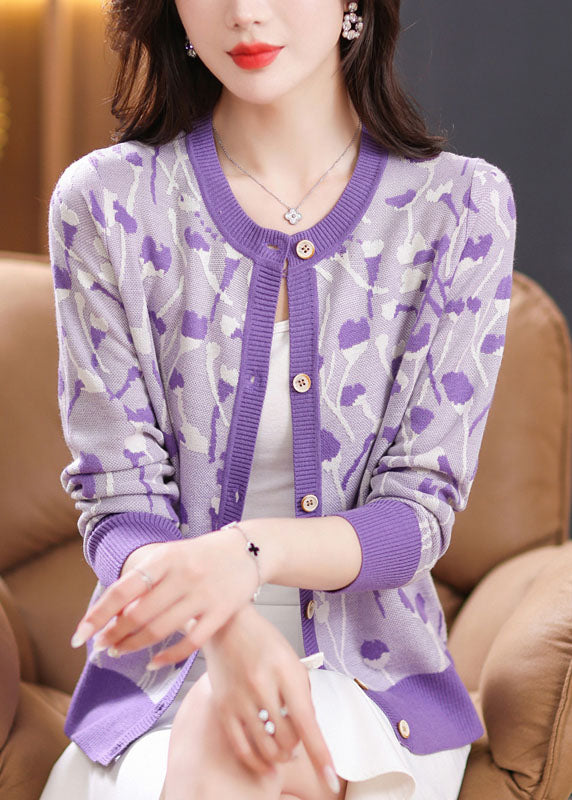 Purple O-Neck Button Cozy Knit Cardigan Fall