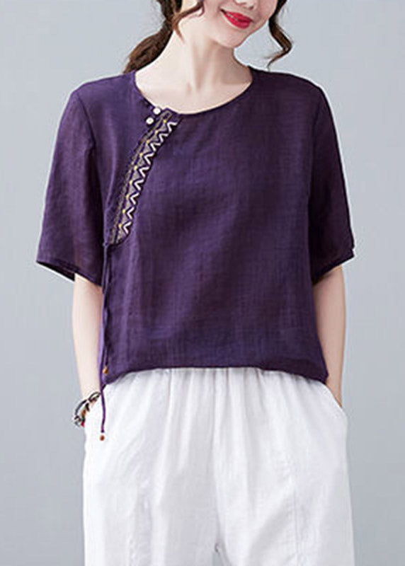 Purple O-Neck Patchwork Linen T Shirt Short Sleeve