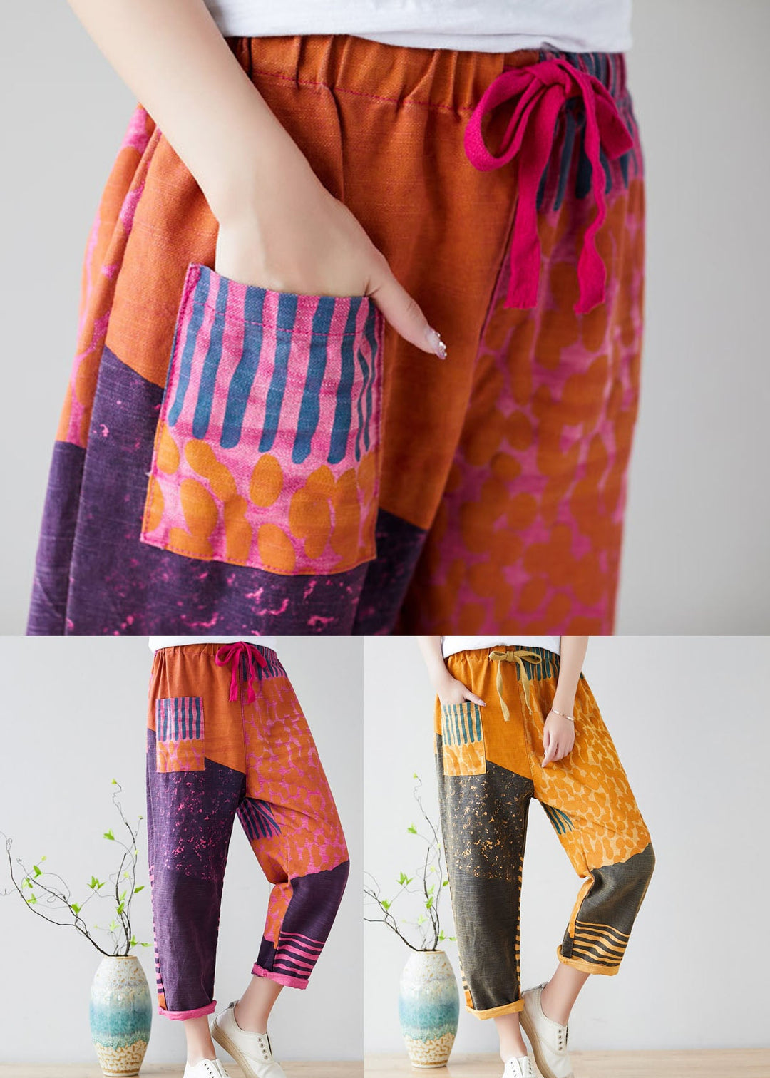 Purple Patchwork Cotton Harem Pants Oversized Pocket Spring