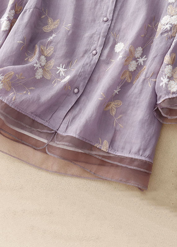 Purple Patchwork Cotton Shirt Tops Stand Collar Embroideried Summer