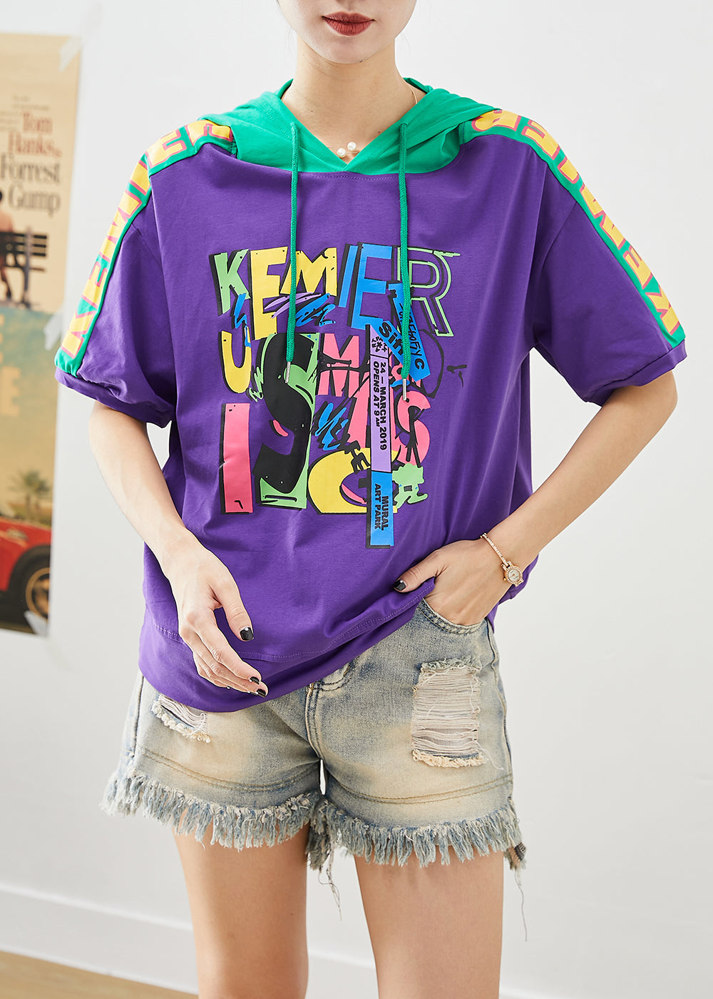 Purple Patchwork Cotton Sweatshirts Top Hooded Print Summer
