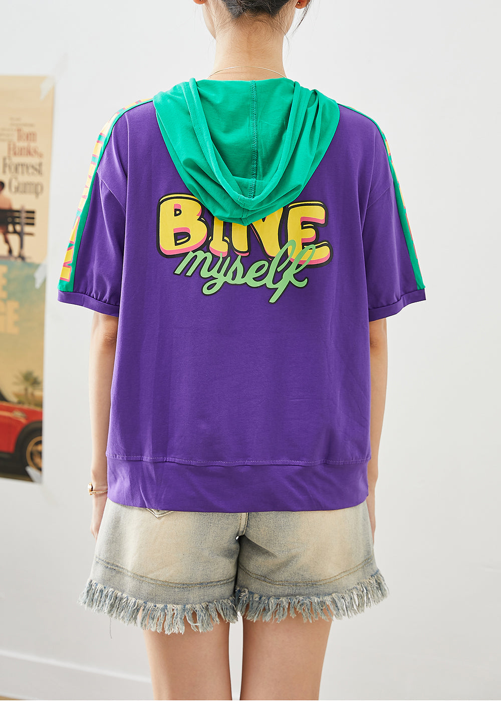 Purple Patchwork Cotton Sweatshirts Top Hooded Print Summer