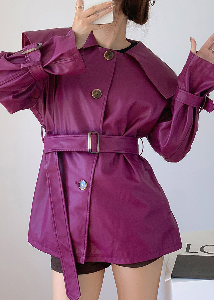 Purple Patchwork Faux Leather Trench Peter Pan Collar Button Fall