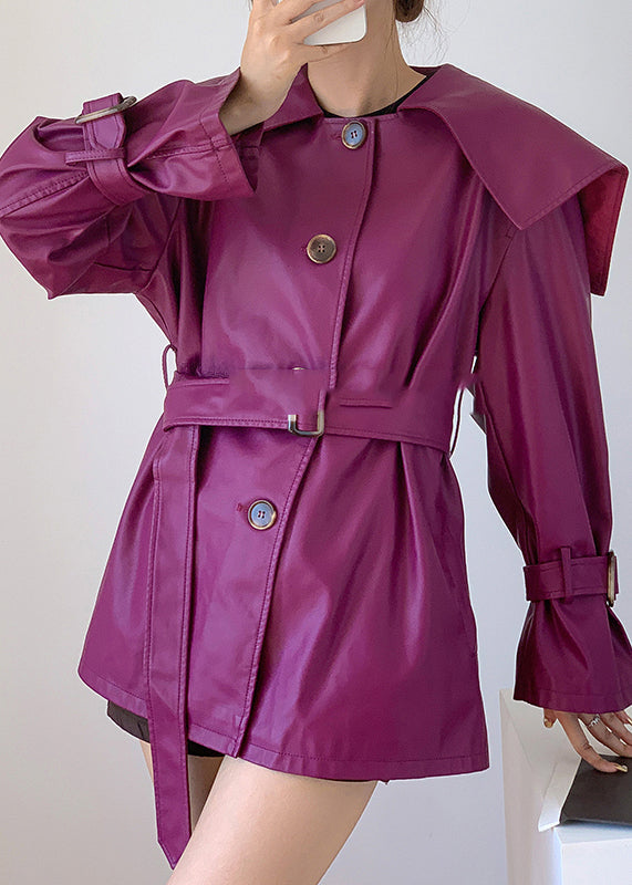Purple Patchwork Faux Leather Trench Peter Pan Collar Button Fall