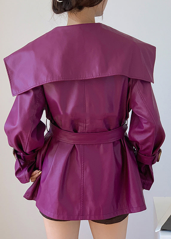 Purple Patchwork Faux Leather Trench Peter Pan Collar Button Fall